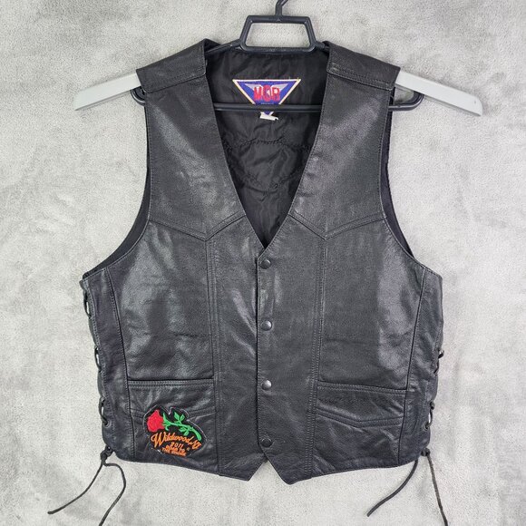 Womens Black MOB Leather Vest Jacket w/ Embroidered Rose Wildwood NJ Patch M - Picture 2 of 10